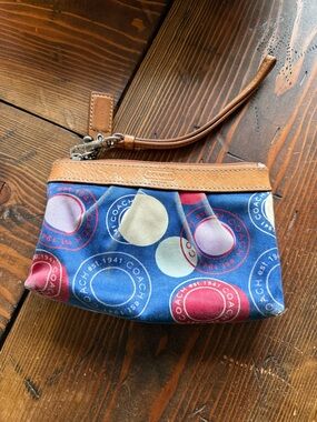 Coach Multicolor Circle Print Wristlet with Tan Leather Trim